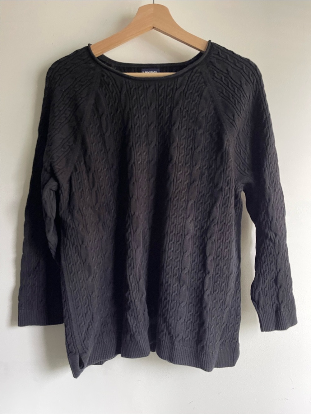 Lands End Black Cable Knit Sweater Womens Sz L 100% Cotton Fall Coastal Grandma